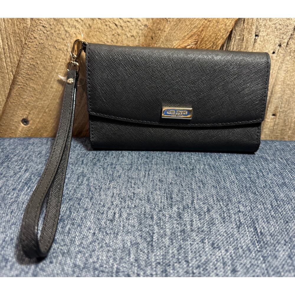 Black Kate Spade Saffiano Leather Trifold Wallet Gold-Toned Logo Plaque